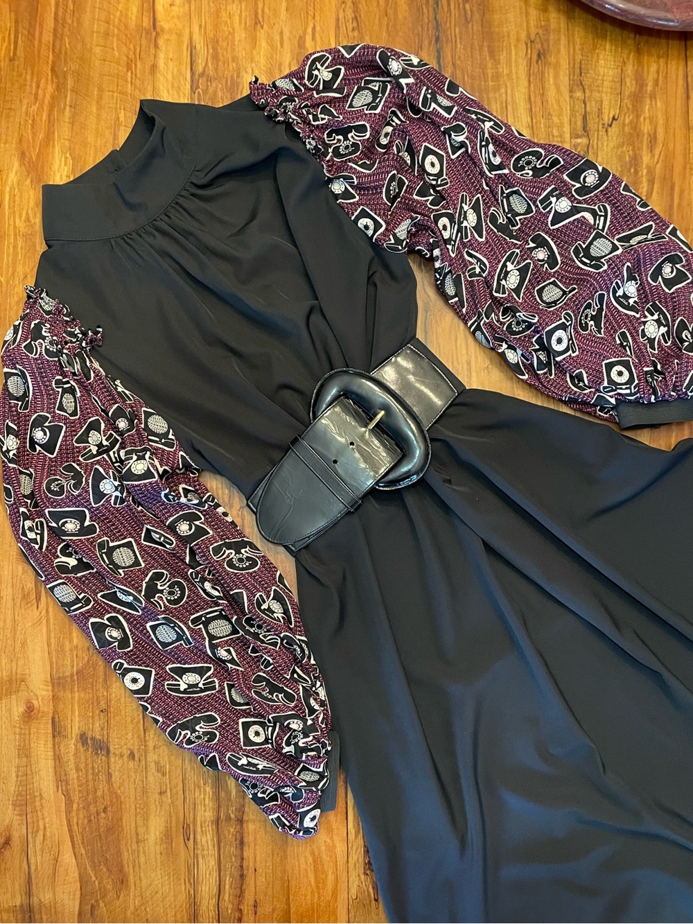 Black High Neck Midi Dress with Fun Retro Telephone Print Puff Silk Sleeves